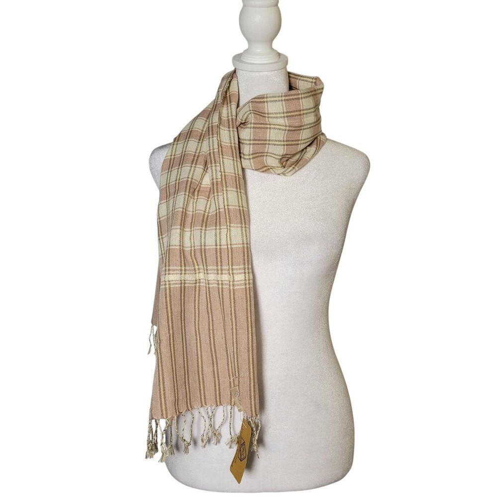 NWT Hand Woven Thai Cotton Plaid Scarf Fringe Rose Boho Cottagecore Coquette